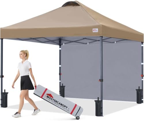 10x10 Durable Pop Up Canopy Tent with 1 Sidewall, Khaki in Khaki