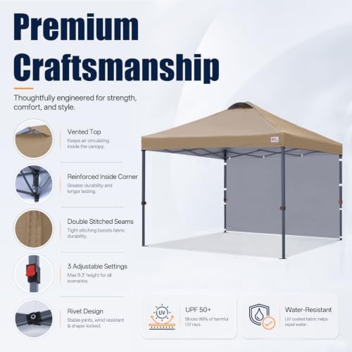 10x10 Durable Pop Up Canopy Tent with 1 Sidewall, Khaki in Khaki, alternate view 6