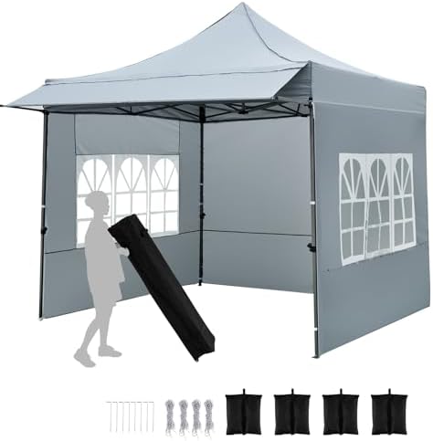 10x10 FT Pop Up Canopy, Outdoor Tent with 3 Sidewalls & Awning, Wheeled Bag, 4 Sandbags, 8 Stake, 4 Ropes