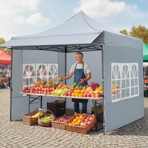 10x10 FT Pop Up Canopy, Outdoor Tent with 3 Sidewalls & Awning, Wheeled Bag, 4 Sandbags, 8 Stake, 4 Ropes, alternate view 2