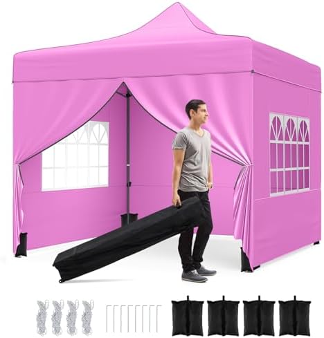 10x10 FT Pop Up Canopy, Outdoor Tent with 4 Removable Sidewalls, Carbon Steel Frame, 4 Sandbags, 8 Stake & 4