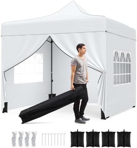 10x10 FT Pop Up Canopy, Outdoor Tent with 4 Removable Sidewalls, Carbon Steel Frame, 4 Sandbags, 8 Stake & 4