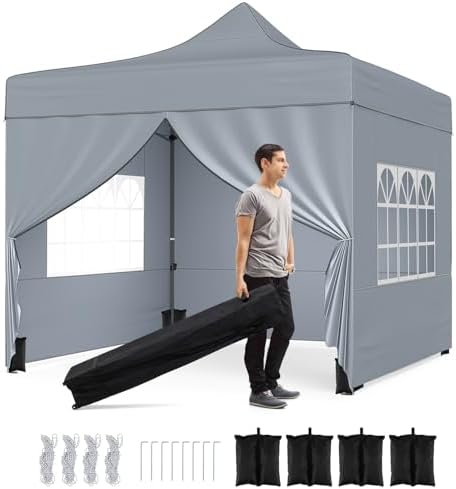 10x10 FT Pop Up Canopy, Outdoor Tent with 4 Removable Sidewalls, Carbon Steel Frame, 4 Sandbags, 8 Stake & 4