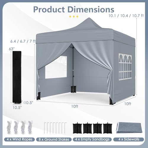 10x10 FT Pop Up Canopy, Outdoor Tent with 4 Removable Sidewalls, Carbon Steel Frame, 4 Sandbags, 8 Stake & 4, alternate view