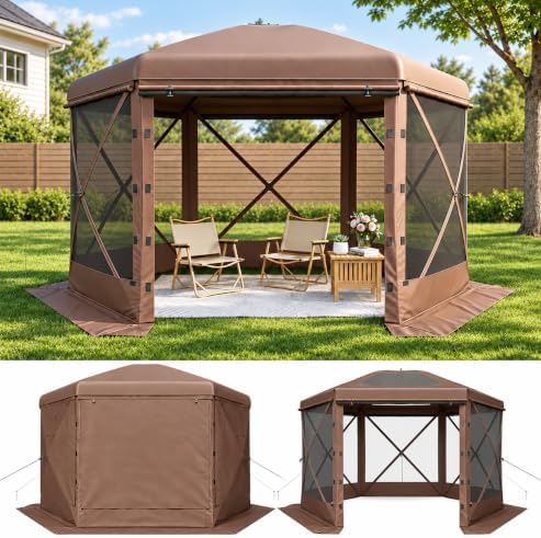 10x10 ft Pop-Up Canopy Tent, 6-Sided Gazebo with Detachable Top, Portable Camping Shelter with Mesh Windows, Pop