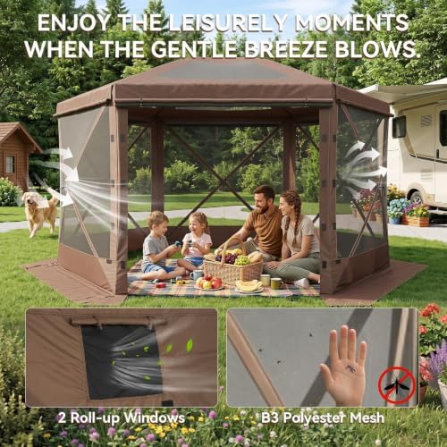 10x10 ft Pop-Up Canopy Tent, 6-Sided Gazebo with Detachable Top, Portable Camping Shelter with Mesh Windows, Pop, alternate
