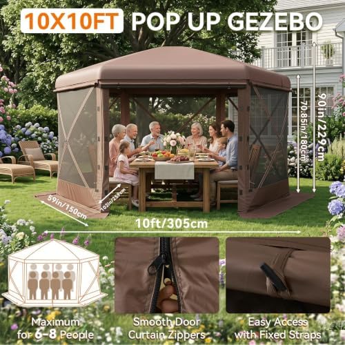 10x10 ft Pop-Up Canopy Tent, 6-Sided Gazebo with Detachable Top, Portable Camping Shelter with Mesh Windows, Pop, alternate