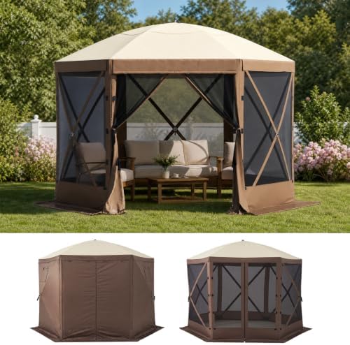 10x10 ft Pop-Up Canopy Tent, 6-Sided Gazebo with Mesh Windows, Portable Camping Shelter with Carry Bag & Stakes