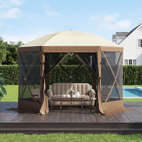 10x10 ft Pop-Up Canopy Tent, 6-Sided Gazebo with Mesh Windows, Portable Camping Shelter with Carry Bag & Stakes, alternate
