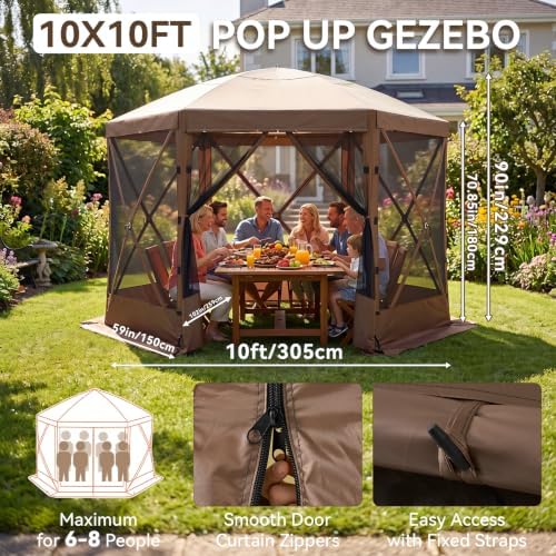 10x10 ft Pop-Up Canopy Tent, 6-Sided Gazebo with Mesh Windows, Portable Camping Shelter with Carry Bag & Stakes, alternate