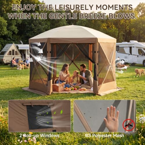 10x10 ft Pop-Up Canopy Tent, 6-Sided Gazebo with Mesh Windows, Portable Camping Shelter with Carry Bag & Stakes, alternate