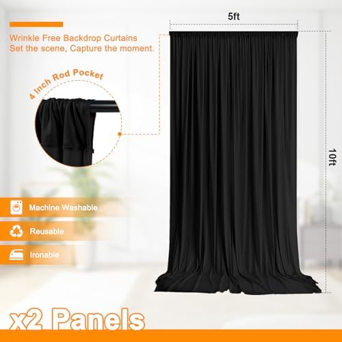 10x10 FT Wrinkle Free Black Backdrop Curtains for Wedding Parties, Soft Polyester Photo Backdrop Curtains with 4, alternate