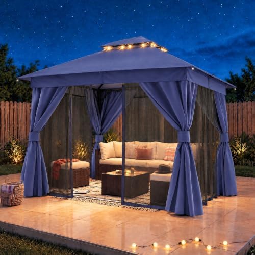 10x10 Gazebo Canopy with Netting, Curtains & Double Roof