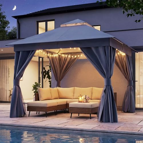 10x10 Gazebo Canopy with String Lights, Netting and Curtains
