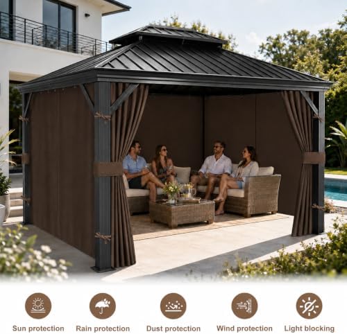 10x10 Gazebo Curtains, 4-Panels Gazebo Replacement Curtains with Zipper & Hooks, Outdoor Waterproof Sidewalls, alternate view