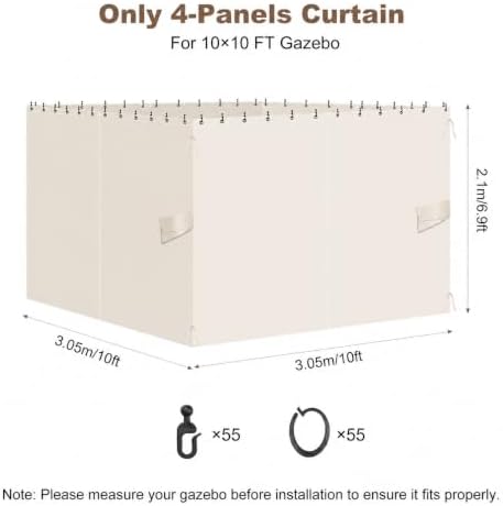 10x10 Gazebo Curtains, 4-Panels Gazebo Replacement Curtains with Zipper & Hooks, Outdoor Waterproof Sidewalls, alternate view