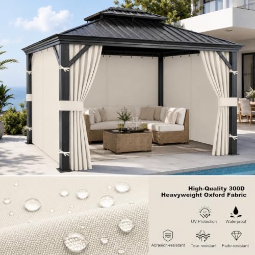 10x10 Gazebo Curtains, 4-Panels Gazebo Replacement Curtains with Zipper & Hooks, Outdoor Waterproof Sidewalls, alternate view