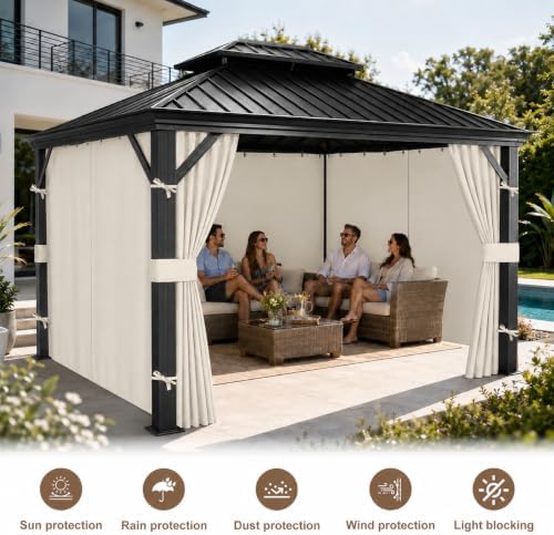 10x10 Gazebo Curtains, 4-Panels Gazebo Replacement Curtains with Zipper & Hooks, Outdoor Waterproof Sidewalls, alternate view