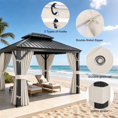 10x10 Gazebo Curtains, 4-Panels Gazebo Replacement Curtains with Zipper & Hooks, Outdoor Waterproof Sidewalls, alternate view