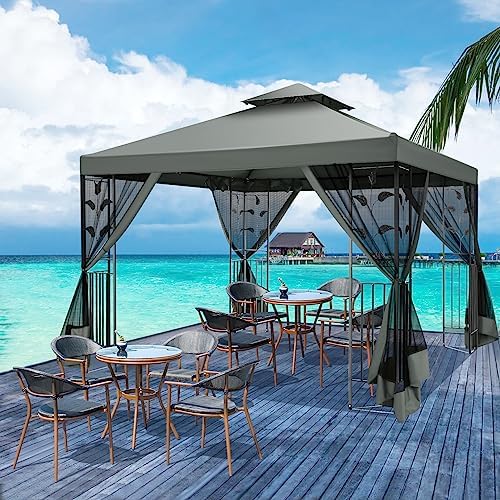 10x10 Gazebo on Clearance, Outdoor Gazebo with Mosquito Netting and Double Roof, Metal Gazebo with Iron Floral