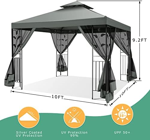 10x10 Gazebo on Clearance, Outdoor Gazebo with Mosquito Netting and Double Roof, Metal Gazebo with Iron Floral, alternate