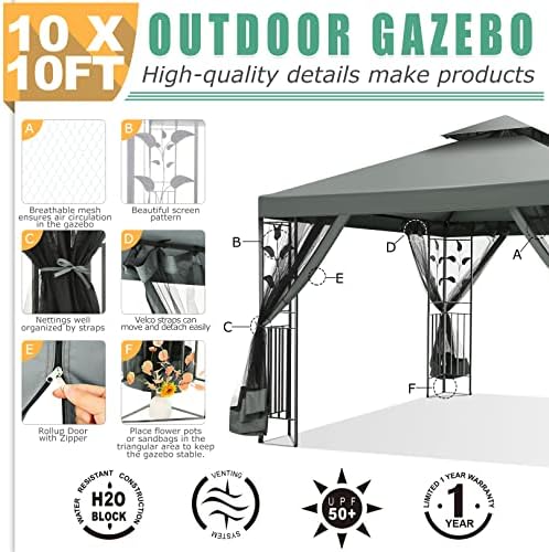 10x10 Gazebo on Clearance, Outdoor Gazebo with Mosquito Netting and Double Roof, Metal Gazebo with Iron Floral, alternate