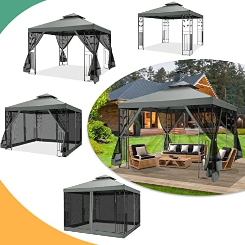 10x10 Gazebo on Clearance, Outdoor Gazebo with Mosquito Netting and Double Roof, Metal Gazebo with Iron Floral, alternate