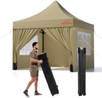 10x10 Heavy Duty Commercial Pop Up Canopy with Sidewalls, Khaki in Khaki