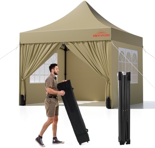 10x10 Heavy Duty Commercial Pop Up Canopy with Sidewalls, Khaki in Khaki