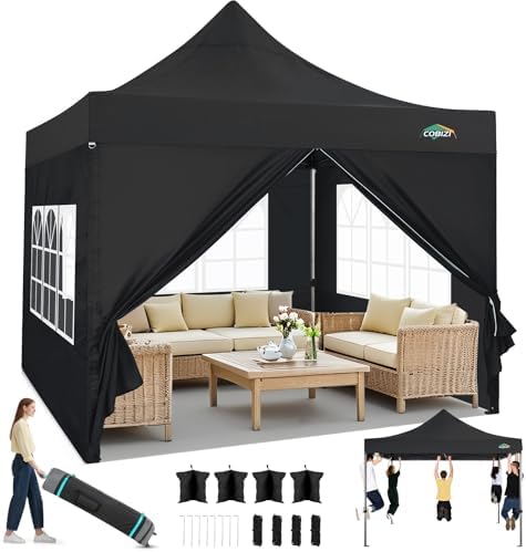 10x10 Heavy Duty Pop Up Canopy Tent with 4 Sidewalls, Black in Black