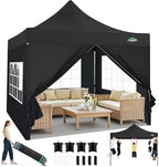 10x10 Heavy Duty Pop Up Canopy Tent with 4 Sidewalls, Black in Black
