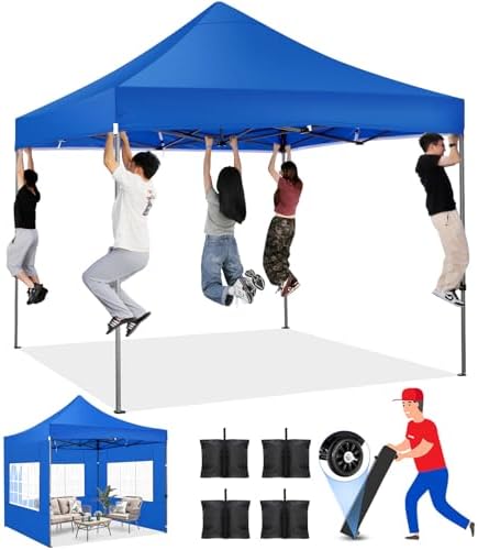 10x10 Heavy Duty Pop Up Canopy Tent with 4 Sidewalls, Blue in Blue