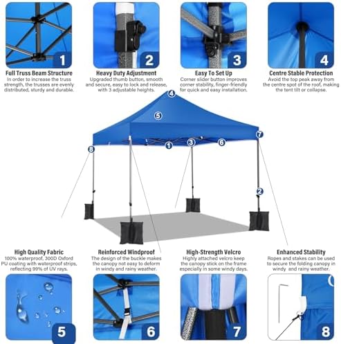 10x10 Heavy Duty Pop Up Canopy Tent with 4 Sidewalls, Blue in Blue, alternate view 3