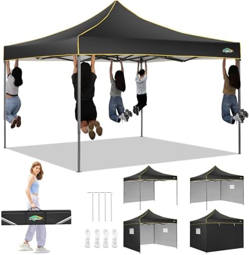 10x10 Heavy Duty Pop up Canopy with 4 Sidewalls, Commercial Canopy, Black in Black