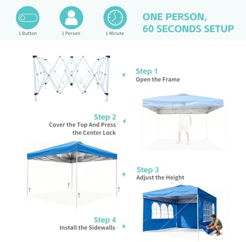 10x10 One Push Pop Up Canopy Tent with Vented Roof, Blue in Blue, alternate view 6