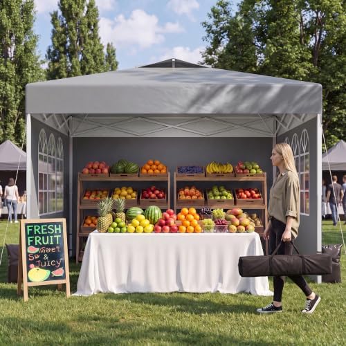 10x10 One Push Pop Up Canopy Tent with Vented Roof, Gray in Gray