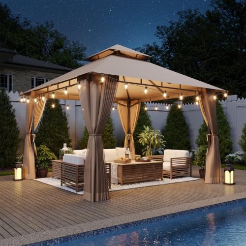 10x10 Outdoor Gazebo with Hanging Light, Beige in Beige