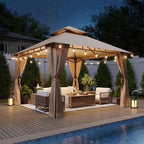 10x10 Outdoor Gazebo with Hanging Light, Beige in Beige
