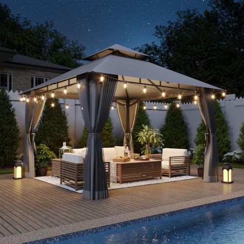 10x10 Outdoor Gazebo with Hanging Light, Gray in Gray