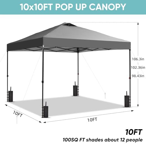 10x10 Pop Up Canopy Patio Carpas, One Push Set up with Central Lock Canopy with Hand Carry Bag, Included 4, alternate view 3