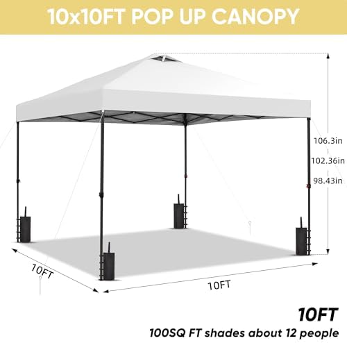 10x10 Pop Up Canopy Patio Carpas, One Push Set up with Central Lock Canopy with Hand Carry Bag, Included 4, alternate view 3