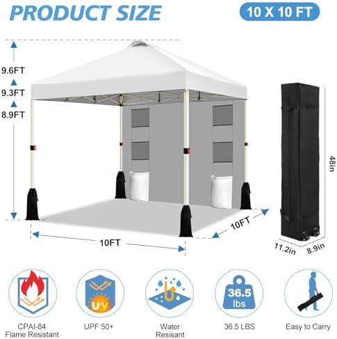 10x10 Pop Up Canopy Tent, 1-Button Push Setup Canopy Tent with 1 Sidewall, Adjustable Height Instant Portable, alternate view