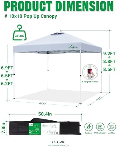 10x10 Pop Up Canopy Tent, Easy Setup Portable Shelter, White, 10*10 in White, alternate view 2