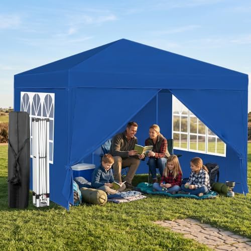 10x10 Pop Up Canopy Tent, Waterproof, UPF 50+, Portable Shade (Blue, 4 Sidewalls-Blue 10x10) in Blue