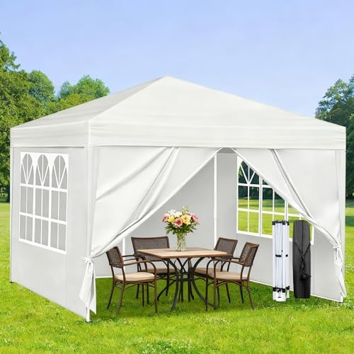 10x10 Pop Up Canopy Tent, Waterproof, UPF 50+, Portable Shade (White, 4 Sidewalls-White 10x10) in White