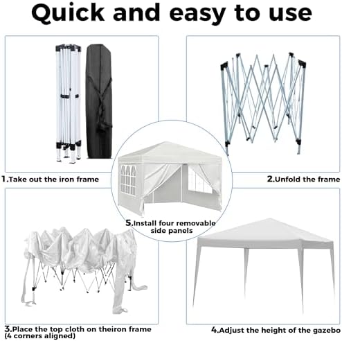 10x10 Pop Up Canopy Tent, Waterproof, UPF 50+, Portable Shade (White, 4 Sidewalls-White 10x10) in White, alternate view 2