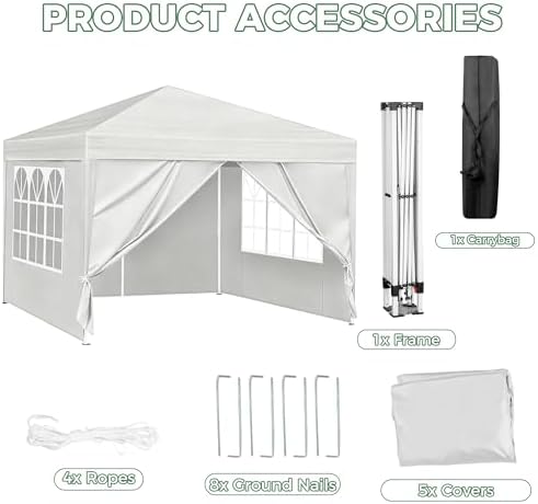 10x10 Pop Up Canopy Tent, Waterproof, UPF 50+, Portable Shade (White, 4 Sidewalls-White 10x10) in White, alternate view 5