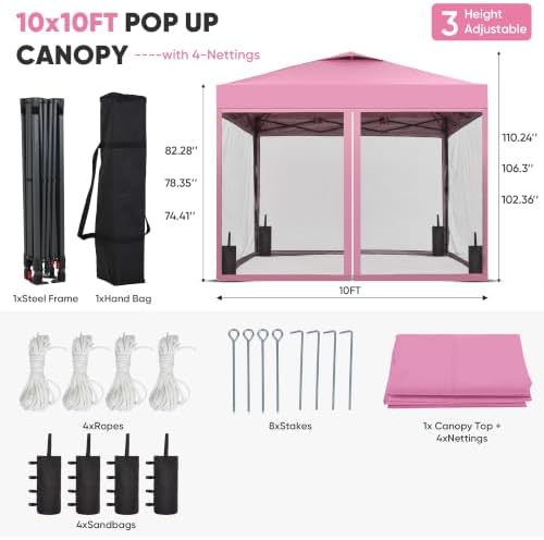 10x10 Pop-up Canopy Tent with 4-Mosquito Nettings, Outdoor Screen Gazebo with 4 Sandbags, 4 Ropes & 8 Stakes, alternate view