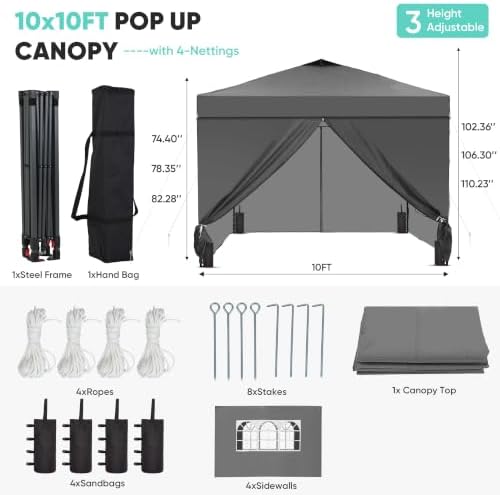 10x10 Pop Up Canopy Tent with 4 Sidewalls, Easy Set up, Outdoor Silver Coated Beach Gazebos, Carpas with 4, alternate view 3