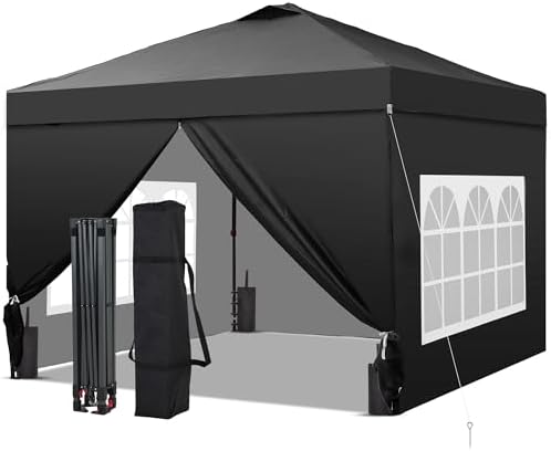 10x10 Pop Up Canopy Tent with 4 Sidewalls, Easy Set up, Outdoor Silver Coated Beach Gazebos, Carpas with 4